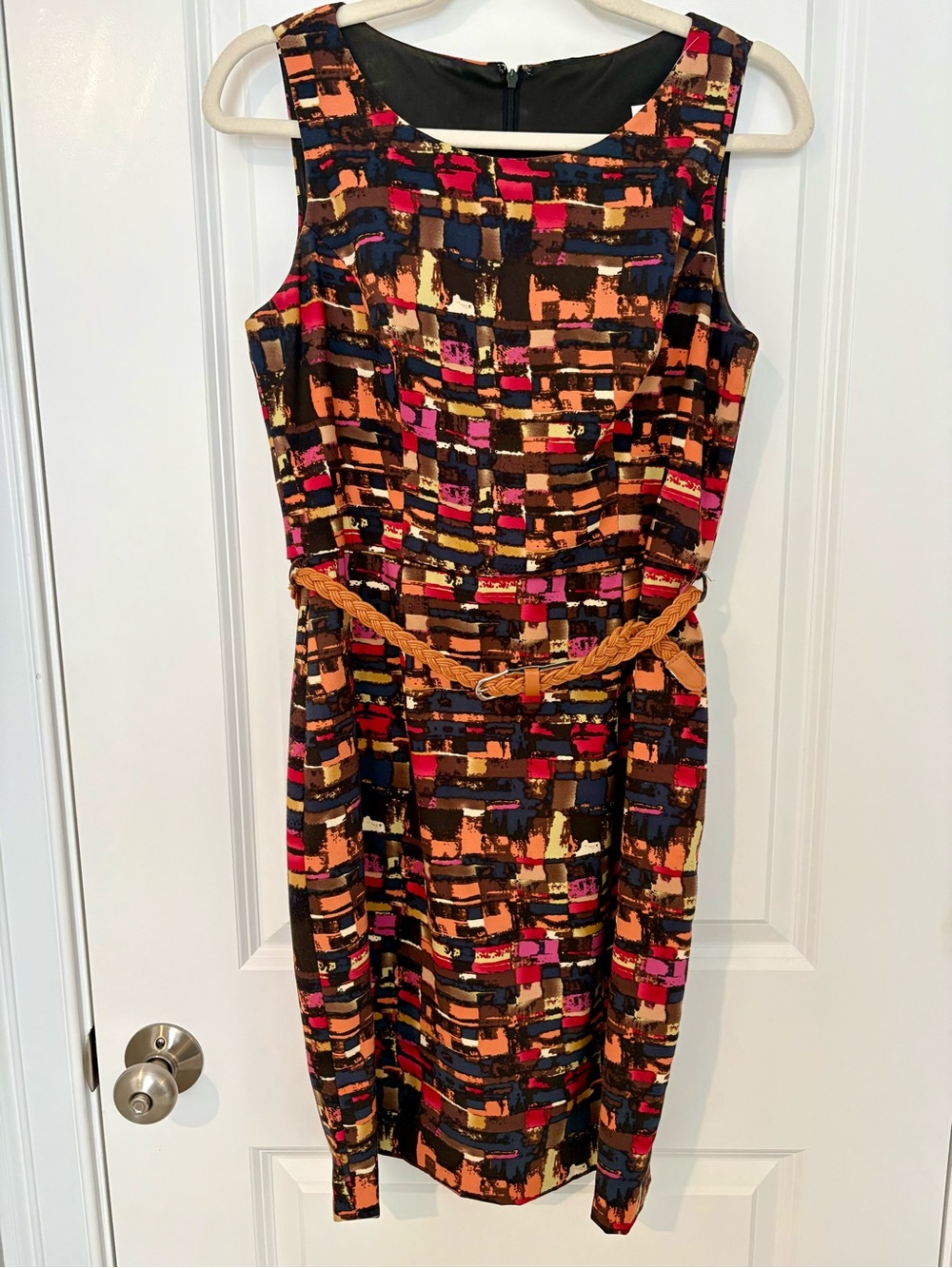 Sleeveless Midi Dress in Black with Orange & Pink Abstract Print